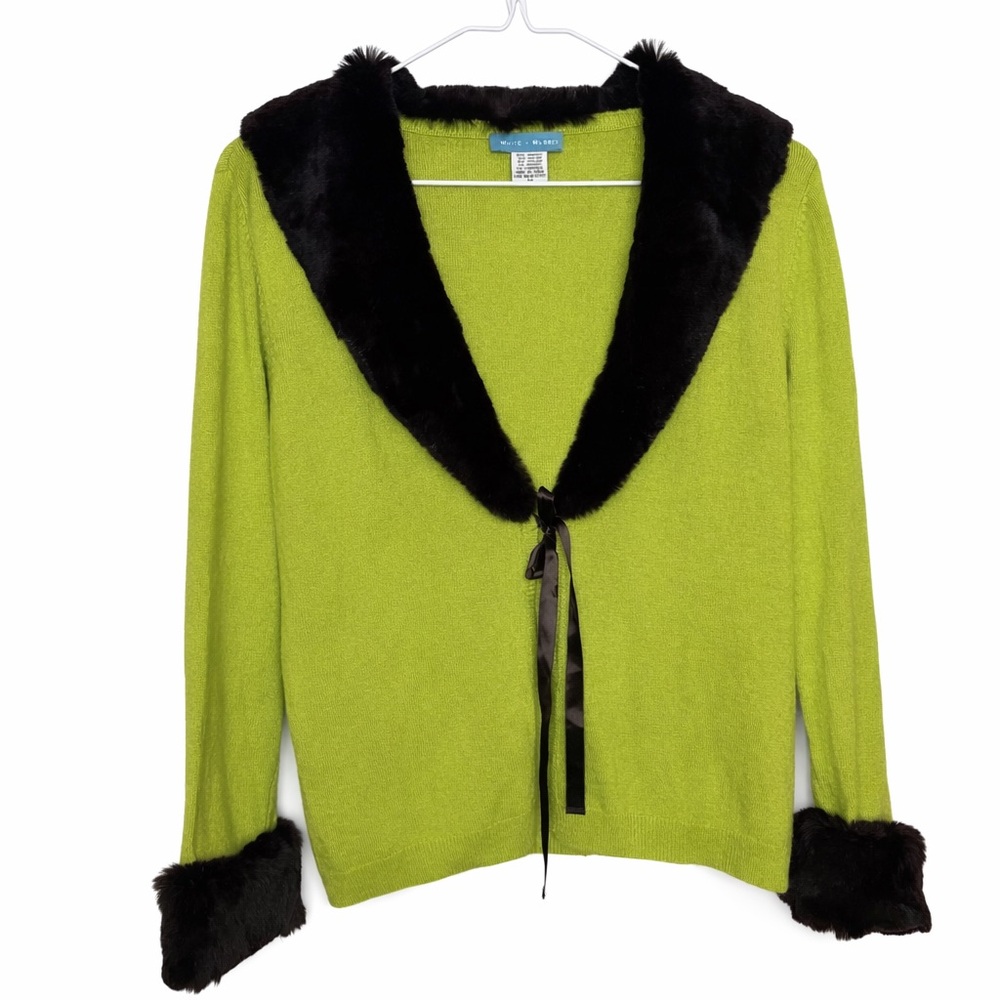 Y2K Clueless Lime Green Cardigan w/ Black Faux Fur Trim | White + Warren